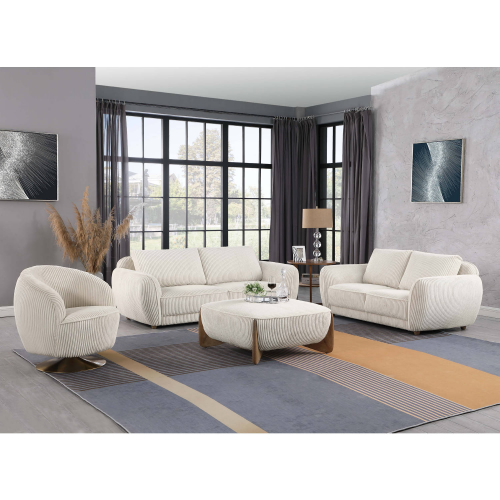 Charleston 4 Piece Sofa Set in Channel Tufted Beige Velvet & Gray Oak